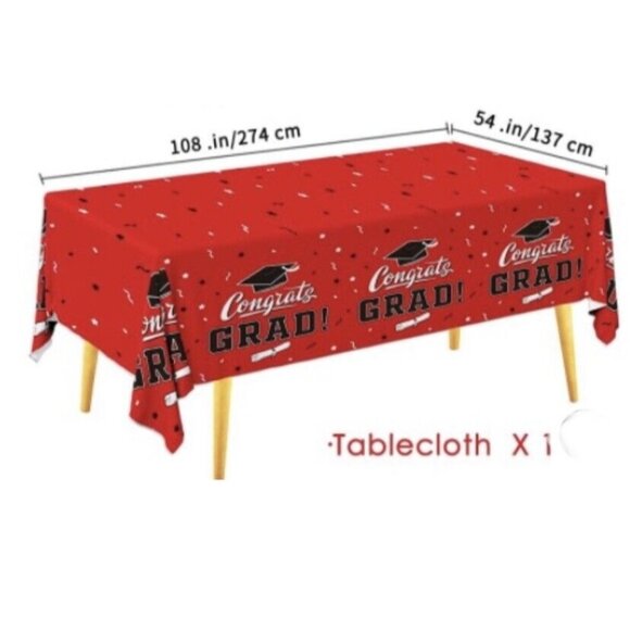Red Congrats Grad Banner And Rectangular Table Cloth Graduation Party Decor, New - Picture 2 of 6